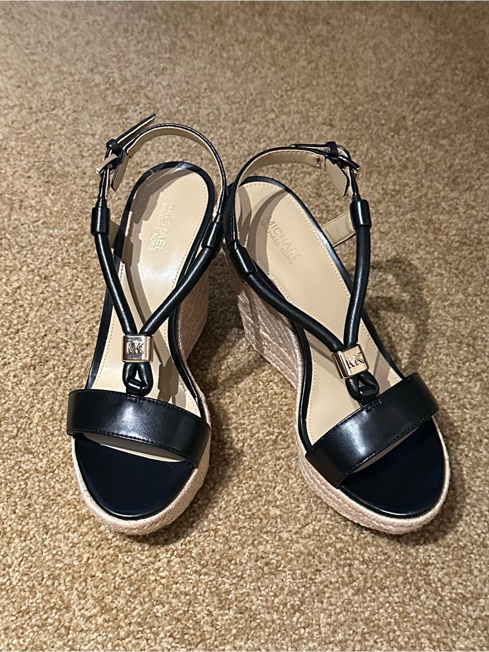 Michael Kors Black Leather Espadrille Annie Wedge Sandals